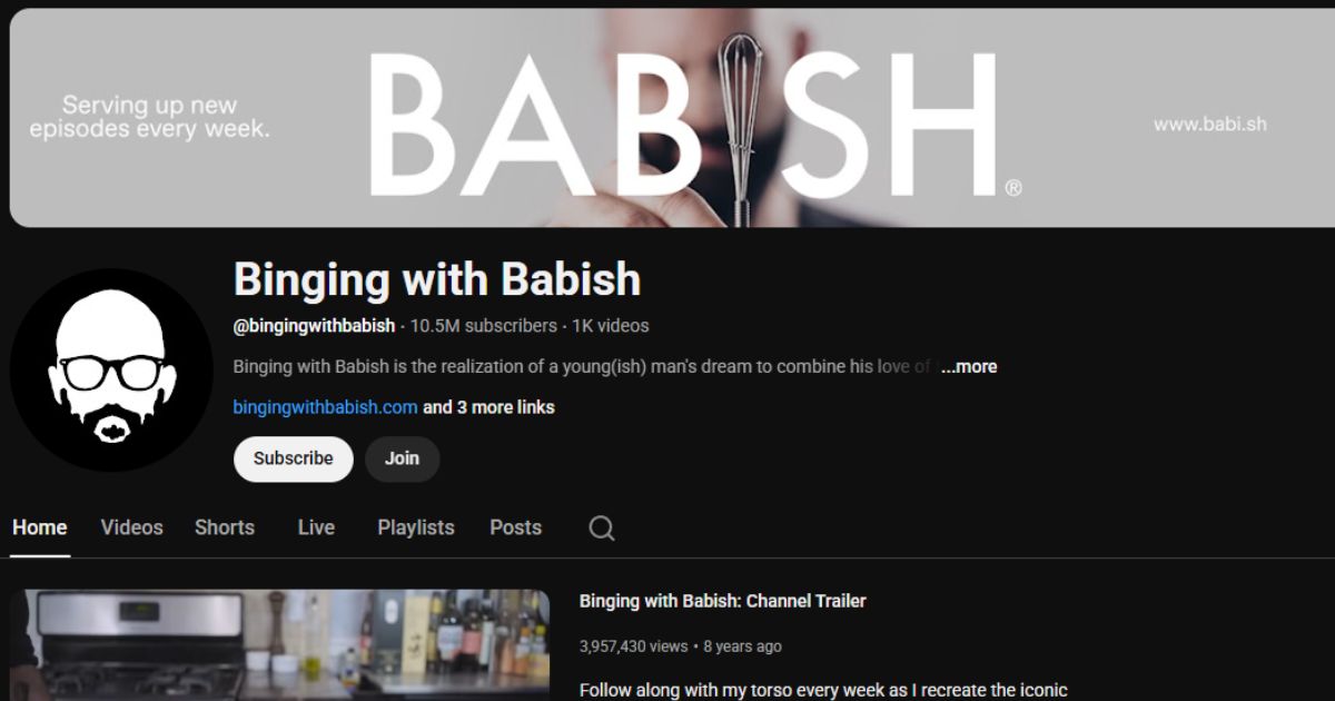Andrew Rea Net Worth, Story of Babish Founder, Career Vision & Brand Growth 3
The Binging with Babish YouTube homepage, featuring a minimalist logo and a banner for the Babish Culinary Universe.