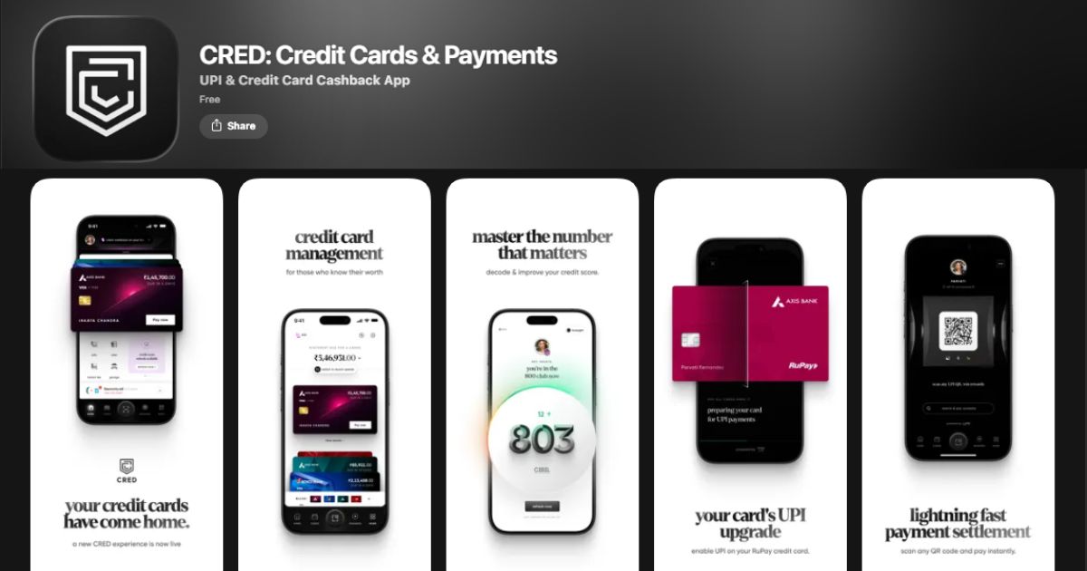 CRED Founder Kunal Shah Net Worth, Journey, Vision & Growth 3 App screenshots of CRED, showing credit card management, UPI payments, and credit score tracking features.
