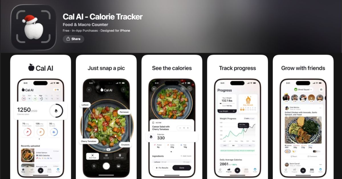 Zach Yadegari Net Worth, Cal AI Founder Story, Vision & Growth 3 App screenshots of Cal AI, showing photo food tracking, calorie analysis, weight progress, and social health features.