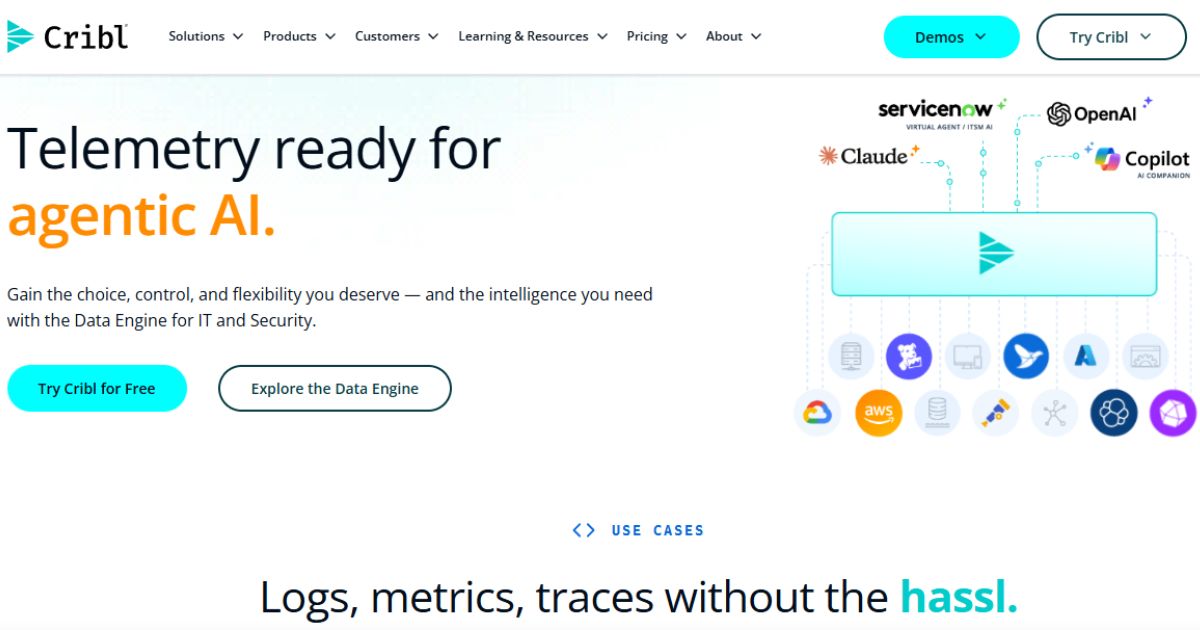 Cribl Founder Clint Sharp Net Worth, Career Journey, Vision & Growth 3 The Cribl website homepage, featuring the headline "Telemetry ready for agentic AI" with various tech partner logos.