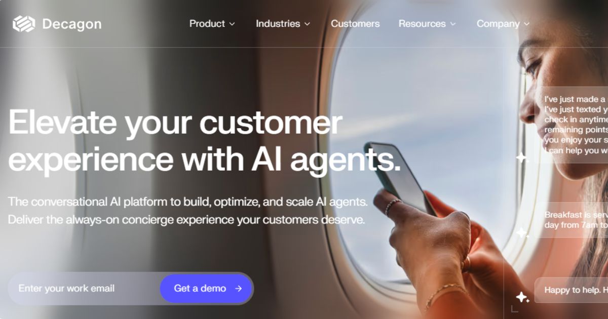 Decagon Co-founder Jesse Zhang Net Worth, AI Startup Journey, Vision & Growth 3 A woman uses a phone on a plane next to Decagon's logo and the text "Elevate your customer experience with AI agents."