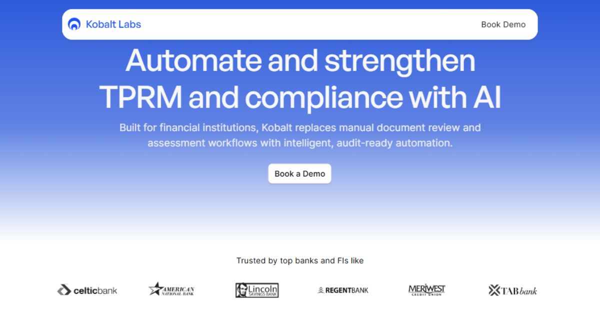 Kalyani Ramadurgam Net Worth, Kobalt Labs Founder Journey Vision & Growth 3
A blue and white interface for Kobalt Labs, highlighting AI-powered TPRM and compliance automation for banks.