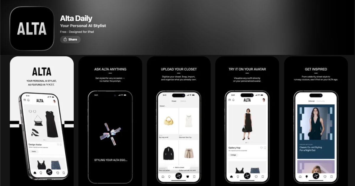 Alta Founder Jenny Wang Net Worth, Journey, Vision & Startup Growth 3 App screenshots of Alta Daily, showcasing AI styling, closet organization, virtual avatars, and fashion inspiration.