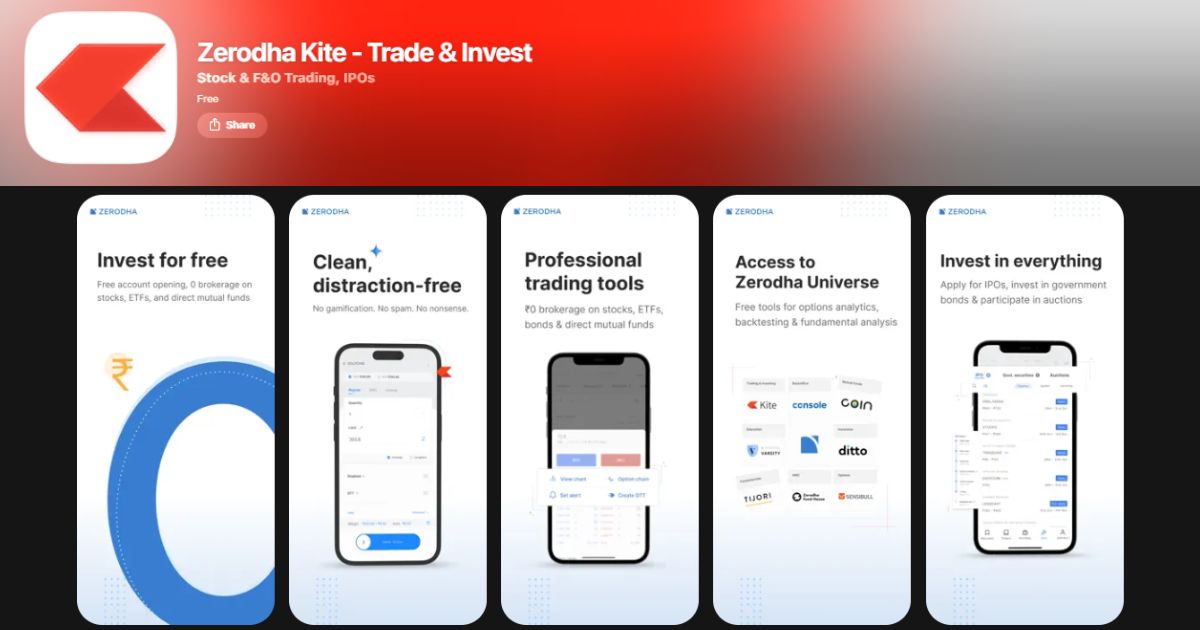 Zerodha Co-Founder Nikhil Kamath Net Worth, Entrepreneur Journey & Success 4 Screenshots of the Zerodha Kite app, highlighting features like free investing and professional trading tools.