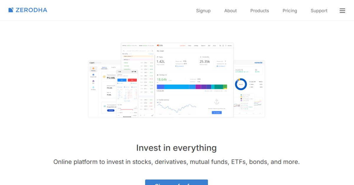 Zerodha Co-Founder Nikhil Kamath Net Worth, Entrepreneur Journey & Success 3 The Zerodha website homepage, displaying various investment platforms with the tagline "Invest in everything."