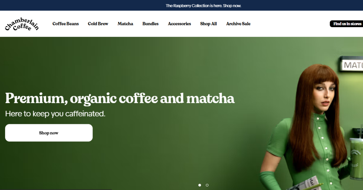 Chamberlain Coffee Founder Emma Chamberlain Net Worth, Journey, Vision & Growth 3 Gemini said
The Chamberlain Coffee website features a bold green banner promoting premium organic coffee and matcha products.
