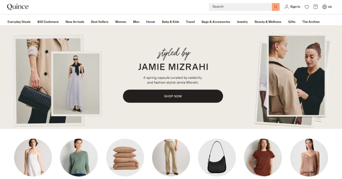 Quince Co-Founder Sid Gupta Net Worth, E-commerce Vision & Growth 2 The Quince website features a spring collection curated by Jamie Mizrahi, showcasing elegant and minimalist fashion.