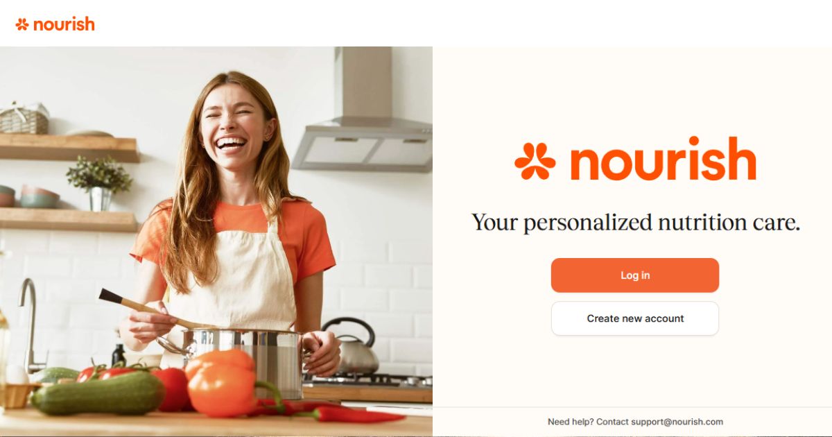 Nourish Co-Founder Aidan Dewar, Journey in Digital Health & Nutrition 3 The Nourish website login page, featuring a woman cooking happily alongside the text "Your personalized nutrition care."