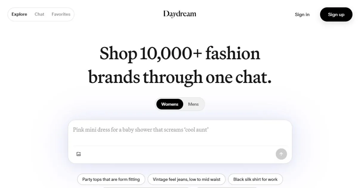Daydream Founder Julie Bornstein Net Worth and AI Business Journey 3 The Daydream website homepage features the tagline 'Shop 10,000+ fashion brands through one chat.' above a clean search bar.