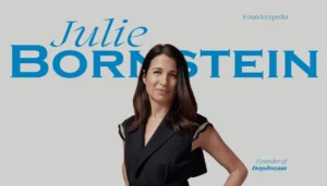 A Founderspedia graphic features Julie Bornstein in a black vest with bold blue text highlighting her as Founder of Daydream.